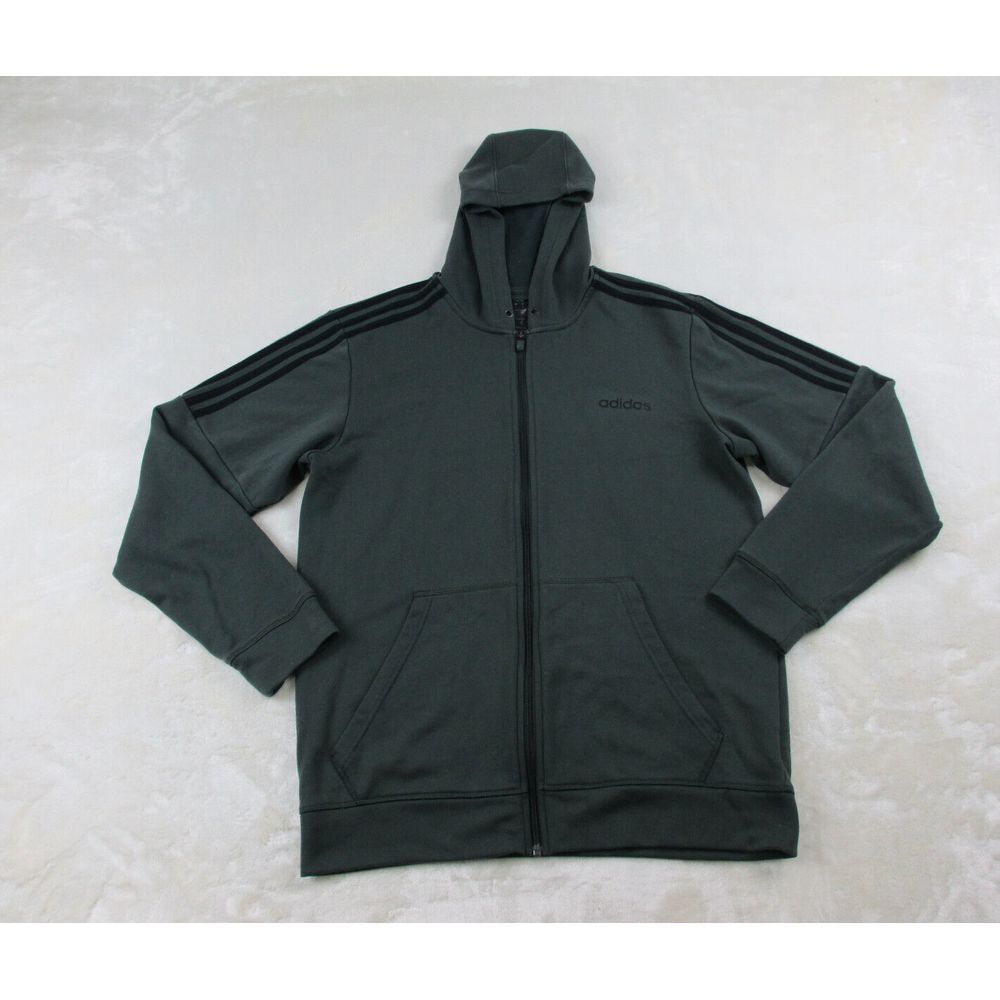Adidas Sweater Mens Large Gray Full Zip Spell Out Stripes Logo Hooded‎ Casual*